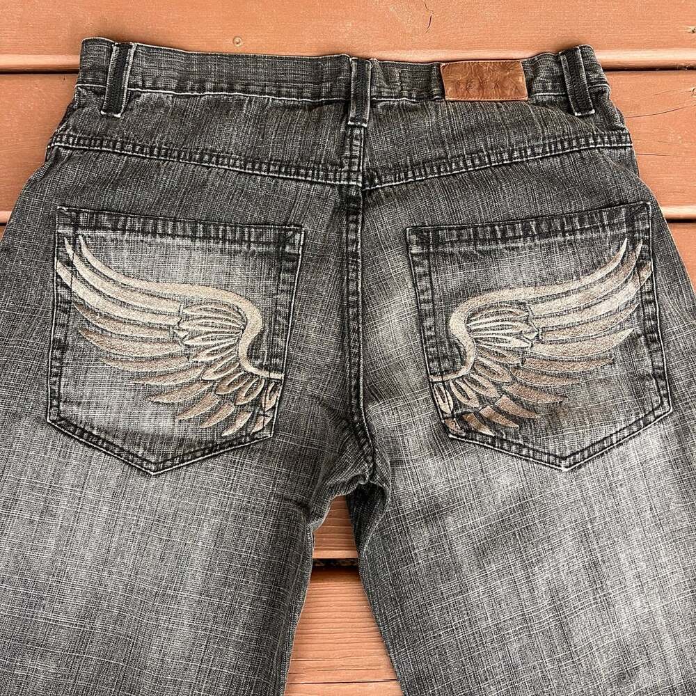 ESMX Y2K Denim Shorts Jorts Size 38 Black Acid Wash Angel Wing Back Pockets